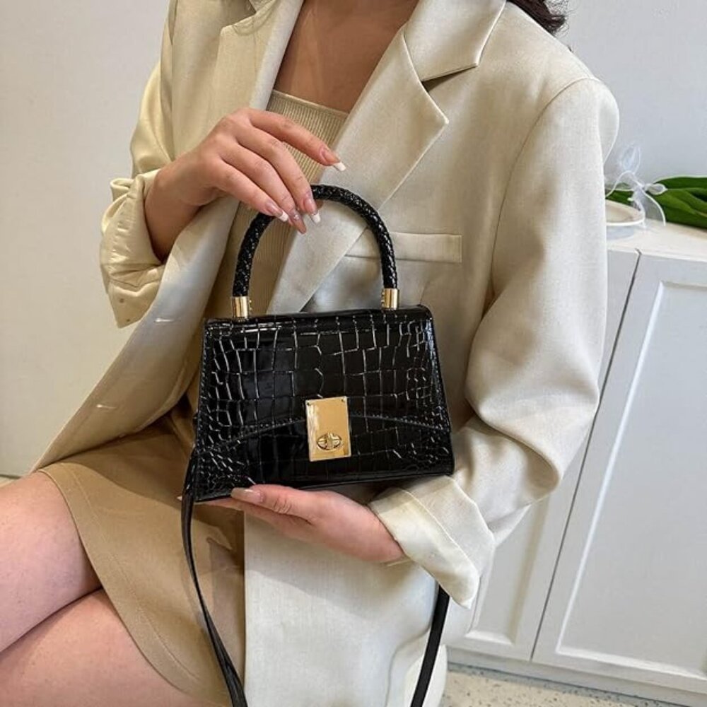 Neiman Marcus Black Crocodile-Embossed Mini PU Leather Crossbody Bag